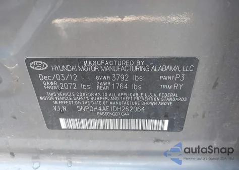 2013 Hyundai Elantra Limited z USA, uszkodzony, nr VIN 5NPDH4AE1DH262064